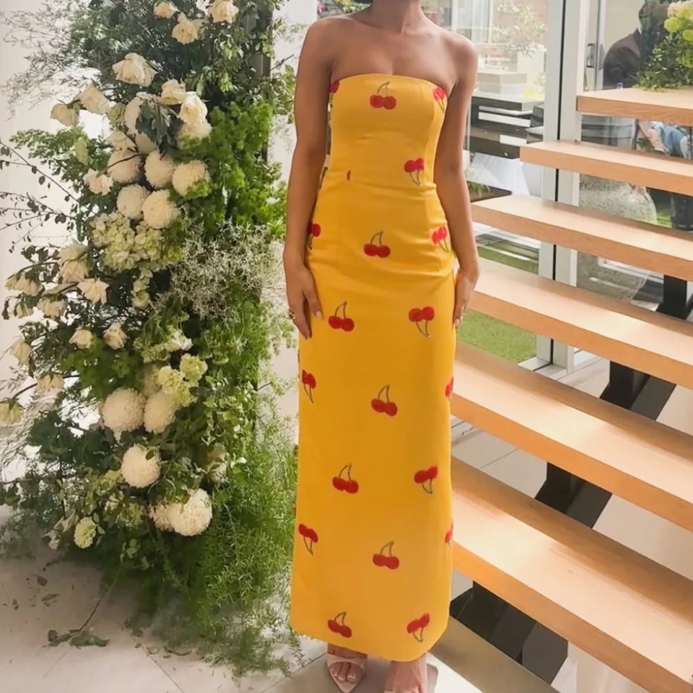 Strapless Yellow Cherry Print Dress